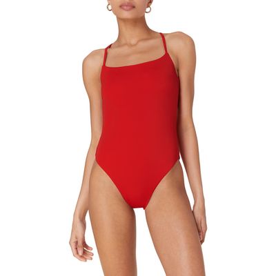 Andie The Fiji Lace-Up Back Long Torso One-Piece Swimsuit in Cherry Red 