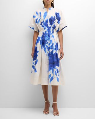 Andora Pleated Floral-Print Poplin Midi Dress