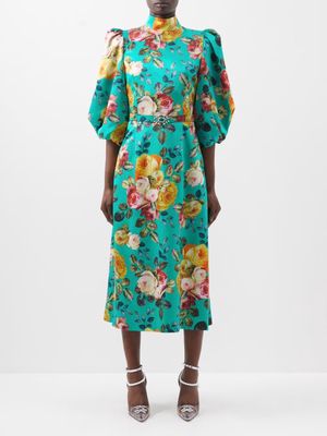 Andrew Gn - Balloon-sleeve Floral Silk-satin Dress - Womens - Green Multi