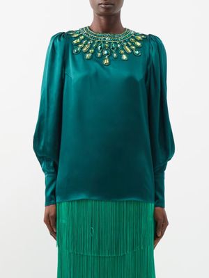Andrew Gn - Crystal-embellished Silk-blend Satin Blouse - Womens - Green