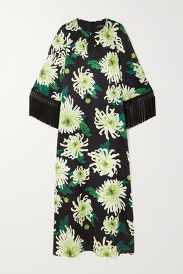 Andrew Gn - Cutout Fringed Floral-print Silk-satin Gown - Black