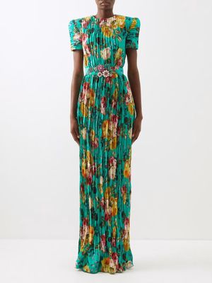 Andrew Gn - Floral-print Pleated Silk-satin Gown - Womens - Green Multi