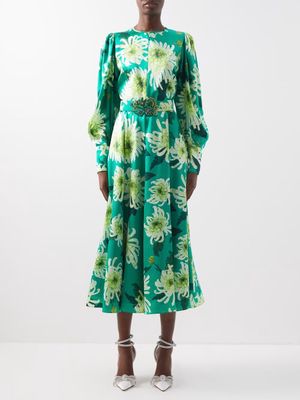 Andrew Gn - Floral-print Silk-satin Midi Dress - Womens - Green