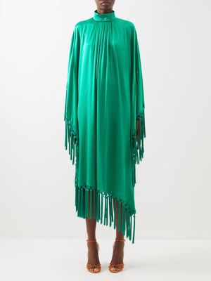 Andrew Gn - Fringe-trimmed Silk-satin Midi Dress - Womens - Emerald