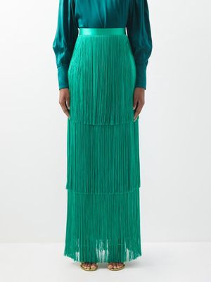 Andrew Gn - Fringed Tiered Silk-satin Maxi Skirt - Womens - Green