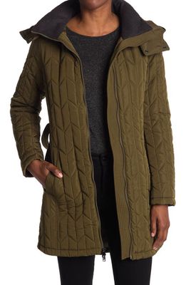 Andrew Marc Lyness Herringbone Quilted Belted Coat in Olive