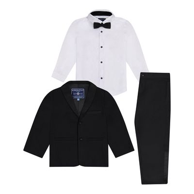Andy & Evan Boys Button Down Blazer, Pants & Bowtie 4-Piece Tuxedo Set in Black