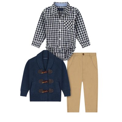 Andy & Evan Boys Button Down Shirt, Pants & Toggle Cardigan 3-Piece Set in Navy