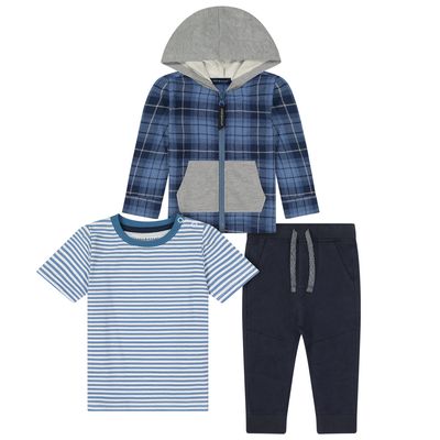 Andy & Evan Boys Hooded Flannel Shirt, T-Shirt & Pants 3-Piece Set in Blue Plaid