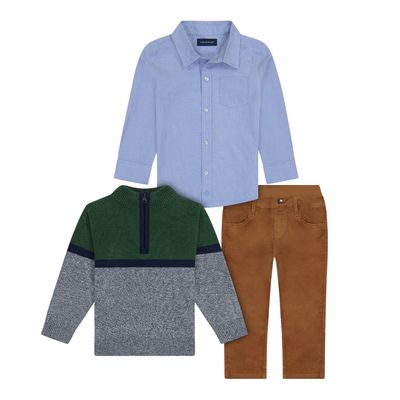 Andy & Evan Boys Quarter Zip Sweater, Shirt & Pants 3-Piece Set in Navy/Green