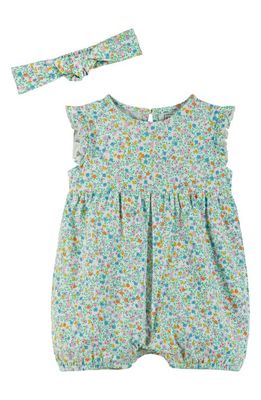 Andy & Evan Bubble Floral Cotton Knit Romper & Headband Set in White Flowers