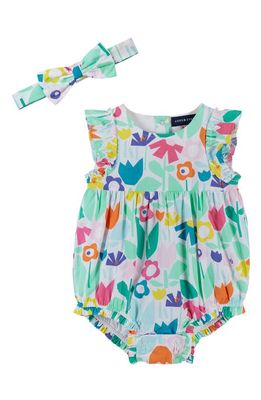 Andy & Evan Bubble Floral Cotton Romper & Headband Set in White Floral