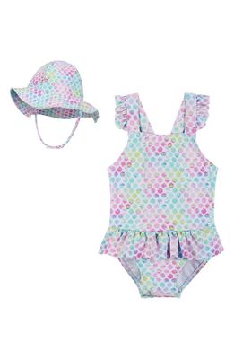 Andy & Evan Bubble Ruffle One-Piece Swimsuit & Hat Set in Aqua Tie Dye