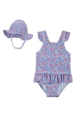 Andy & Evan Bubble Ruffle One-Piece Swimsuit & Hat Set in Purple Floral