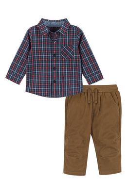 Andy & Evan Check Cotton Button-Up Shirt & Pants Set in Navy Coral