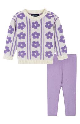 Andy & Evan Floral High Pile Fleece Sweater & Leggings Set in Purple