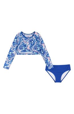 Andy & Evan Kids' Blue Marble Long Sleeve Two-Piece Rashguard Swimsuit in Bel Air Blue 