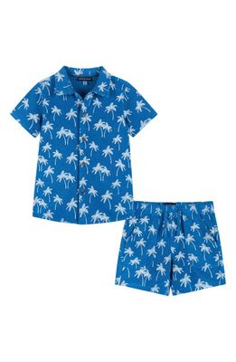 Andy & Evan Kids' French Terry Button-Up Shirt & Shorts Set in Blue Palm