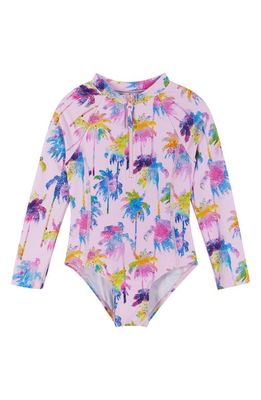 Andy & Evan Kids' Palm Tree Long Sleeve One-Piece Rashguard Swimsuit & Scrunchie Set in Pink Palms