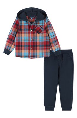 Andy & Evan Kids' Plaid Hooded Flannel Jacket & Sweatpants Set in Navy Red Plaid