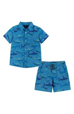 Andy & Evan Kids' Shark Print Cotton Button-Up Shirt & Shorts Set in Blue Sharks
