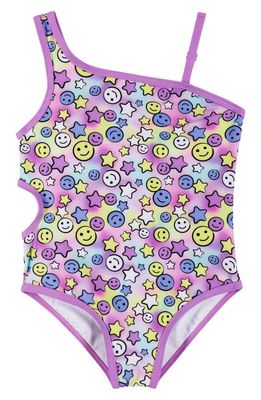 Andy & Evan Kids' Smiley Print Cutout One-Piece Swimsuit in Purple Smiley
