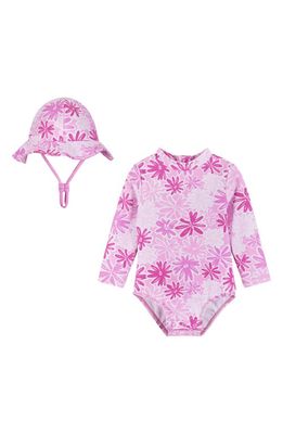 Andy & Evan One-Piece Rashguard Swimsuit & Hat Set in Pink Floral