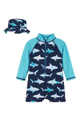 Andy & Evan One-Piece Rashguard Swimsuit & Hat Set in Tie Dye Shark