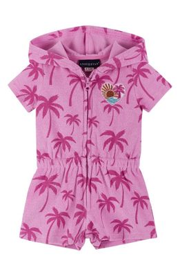 Andy & Evan Palm Print Terry Cloth Hooded Cover-Up Romper in Pink Palms