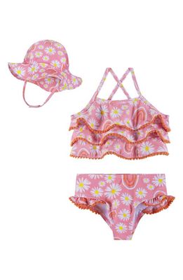 Andy & Evan Ruffle Pompom Trim Two-Piece Swimsuit & Sun Hat Set in Pink Floral