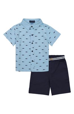 Andy & Evan Shark Print Button-Up Shirt & Shorts Set in Light Blue