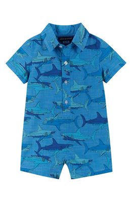 Andy & Evan Shark Print Cotton Romper in Blue Sharks