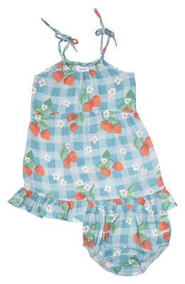 Angel Dear Strawberry Gingham Organic Cotton Dress & Bloomers Set in Blue Multi