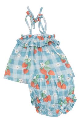 Angel Dear Strawberry Gingham Organic Cotton Top & Bloomers Set in Blue Multi