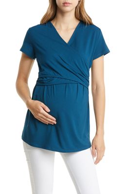 Angel Maternity Crossover Short Sleeve Maternity/Nursing Top in Blue
