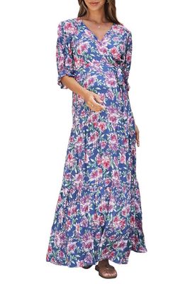 Angel Maternity Floral Maternity Maxi Wrap Dress in Blue