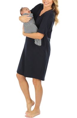 Angel Maternity Mama Hospital Maternity/Nursing Nightgown with Bonus Baby Pouch in Navy