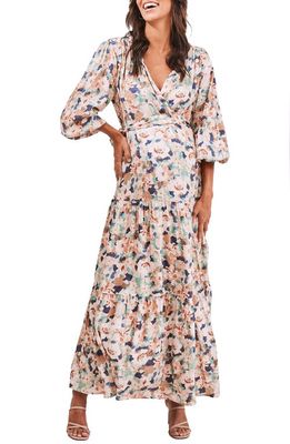 Angel Maternity Maree Floral Maternity Maxi Wrap Dress in Beige