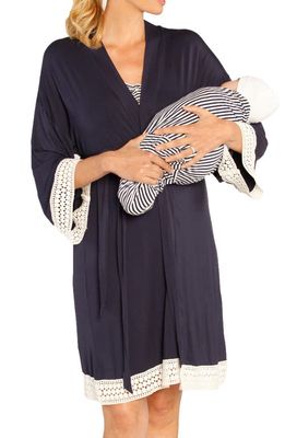 Angel Maternity Nursing Dress, Robe & Baby Blanket Set in Navy Stripes 