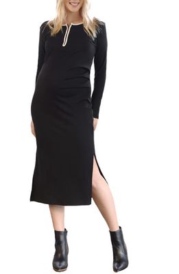 Angel Maternity Pipe Detail Long Sleeve Cotton Blend Maternity Dress in Black