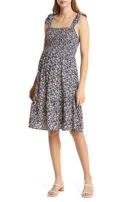 Angel Maternity Shoulder Tie Maternity Sundress in Navy Print