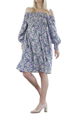Angel Maternity Smocked Off the Shoulder Long Sleeve Maternity Dress in Purple Flora