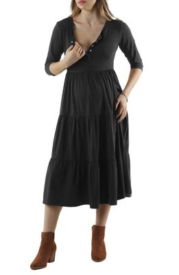 Angel Maternity Tiered Maternity/Nursing Midi Dress in Black