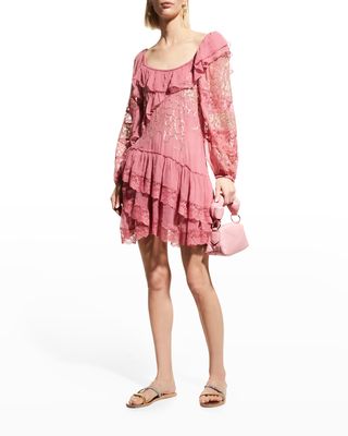 Angora Metallic Lace Ruffle Mini Dress