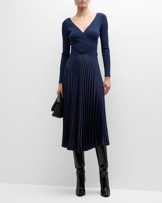Anika Long-Sleeve Pleated Midi Sweater Dress
