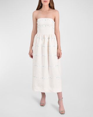 Anim Strapless Linen Embroidered Midi Dress
