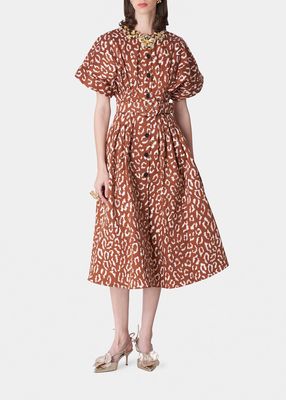 Animal-Print Collarless Pleated Midi Shirtdress - BCI Cotton