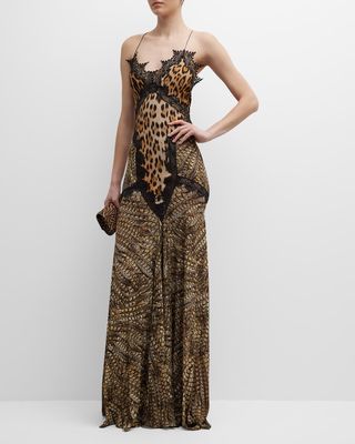 Animal-Print Lace-Trim Open-Back Slip Gown