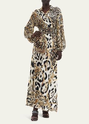 Animal-Print Silk Maxi Dress with Collar