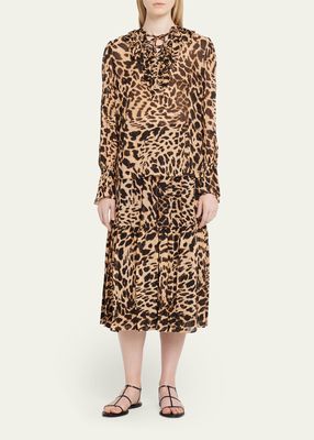 Animal-Print Tiered Pull-On Midi Skirt